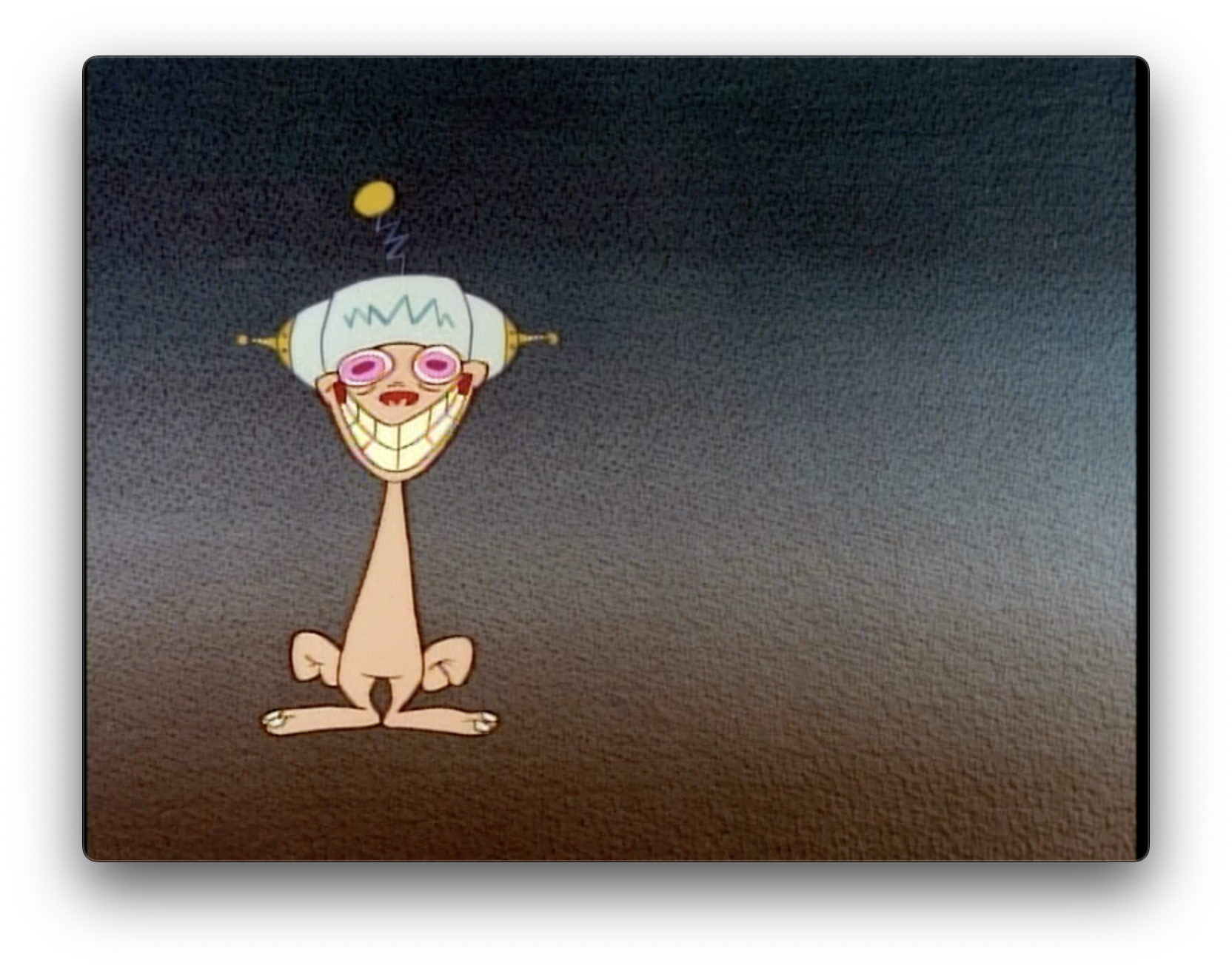 Frame from Stimpy's Invention episode with Ren wearing the happy helmet about to start dancing Happy Happy Joy Joy song.