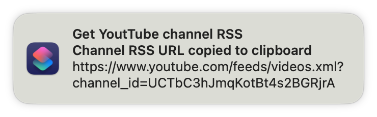Screenshot notification after running the shortcut on Flula's channel (https://www.youtube.com/@flula)