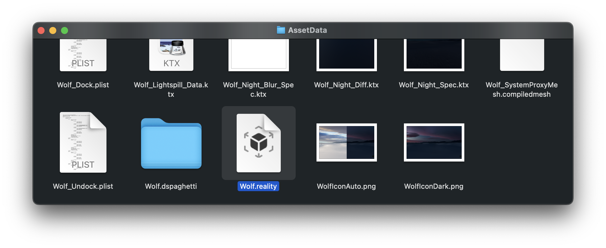 Finder snapshot inspecting the contents of the White Sands Environment, codenamed "Wolf". The primary combined scene titled "Wolf.reality" has been selected. Preview images, textures, audio, and various .plist files can all be found in the package. 