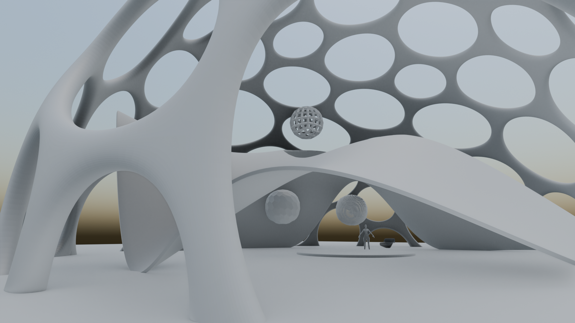 A screenshot of a parametric dome model with smooth curves thanks to subdivision. The figure of a human can be seen for scale in the the background