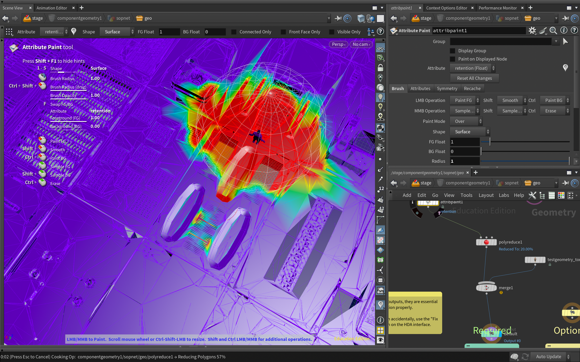 Houdini screenshot showing a geometry optimization workflow.   A colorful heatmap-like image of a 3D scene is shown in the main area. Red, yellow, green, and blue gradients spread out from a center point. On the left are the painting tool choices, where you can change the size, shape, and attributes of the brush. On the right is where you'll find the attribute paint tool settings, which include sliders and brush actions. Below, you can see part of a node-based workflow that shows how connected nodes and geometry actions work. The interface is mostly technical, with bright visual feedback on the 3D model and many editing and simulation options.