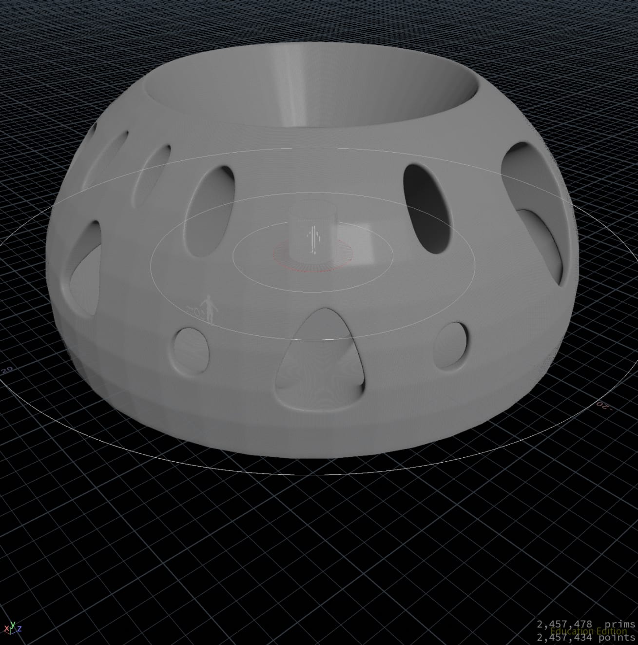 A futuristic structure that looks like a wide, dome with a flared rim is shown on the screen of Houdini. Around the dome's base are a ring of arch-shaped supports with big, round holes in them. The structure looks partly see-through because it has a blue tint on top of its surface. A dark grid makes up the background, and a small person in the middle gives it some size. The general style is technical and architectural, which makes it look like a more advanced or optimized design.