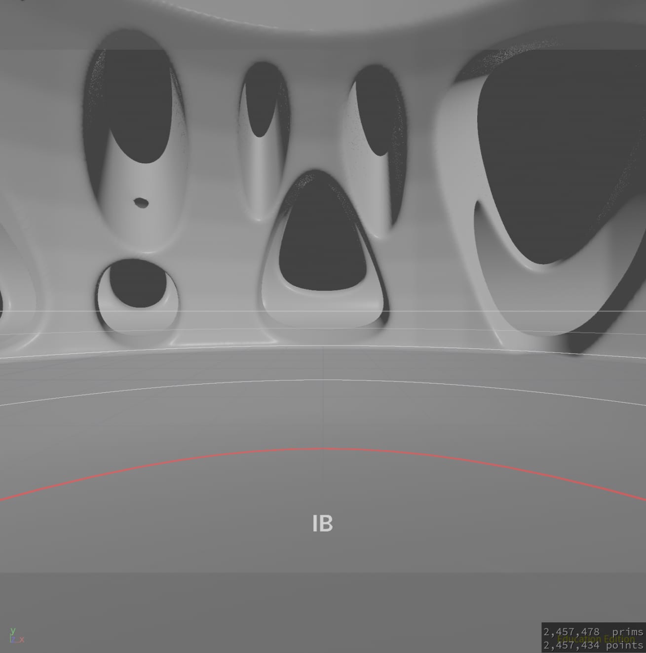 Screenshot from the dome's interior, showing a highly detailed, organic wall with many smooth, deep apertures; high geometric intricacy; labeled 