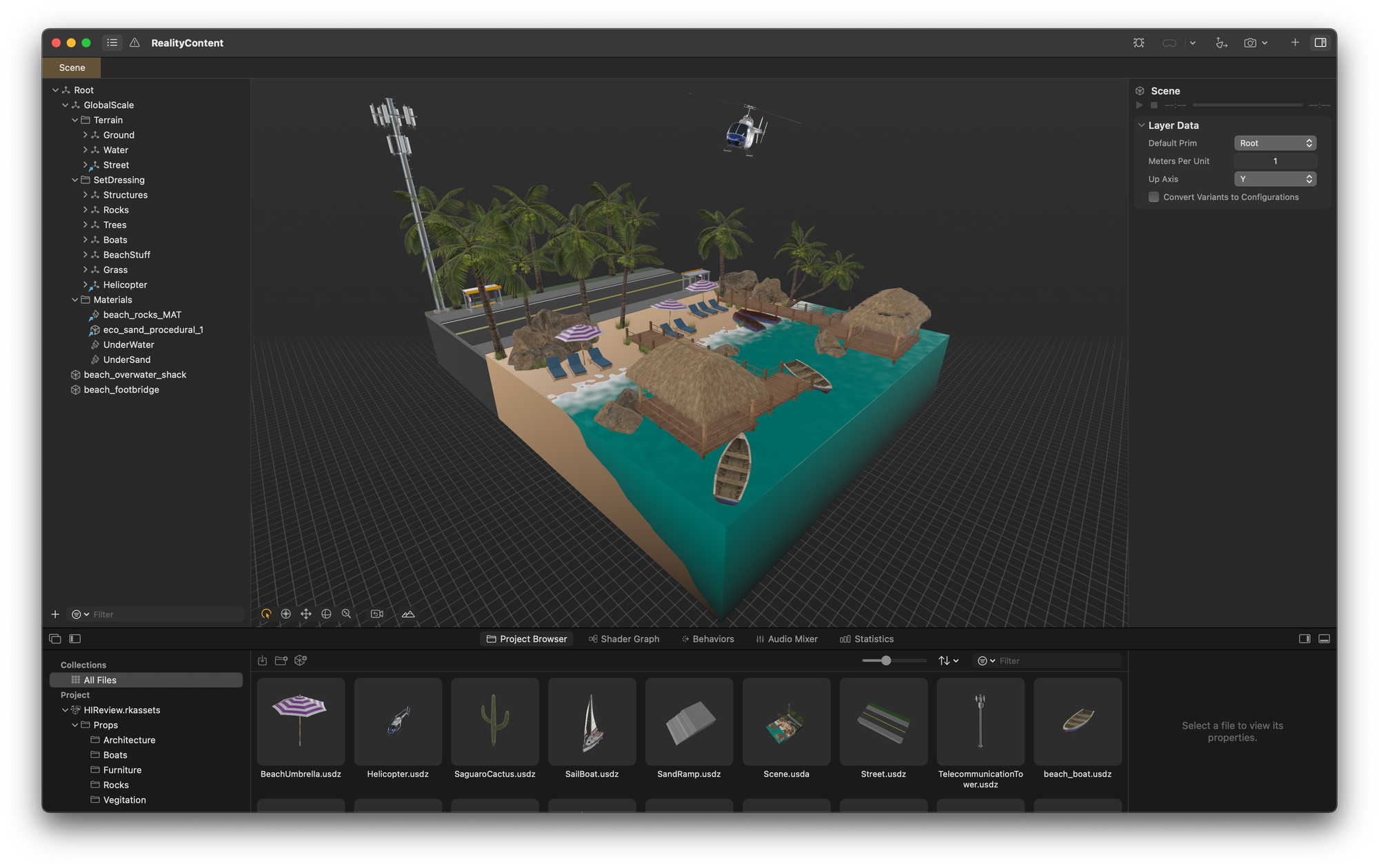 A screenshot of a Reality Composer Pro project window. The window has a single tab at the top called Scene. The window is divided horizontally into two sections. The top section has three views: a navigator view of content in the scene, a viewport in the middle showing a 3D model of a beach with additional assets, and an inspector on the right. The bottom section has four tabs, labeled Project Browser, Shader Graph, Timelines Audio Mixer, and Statistics. Project Browser is selected, and it’s also divided into three sections with a hierarchy on the left, a grid of icons in the middle, and an inspector on the right showing the entity hierarchy for the asset selected in the middle.