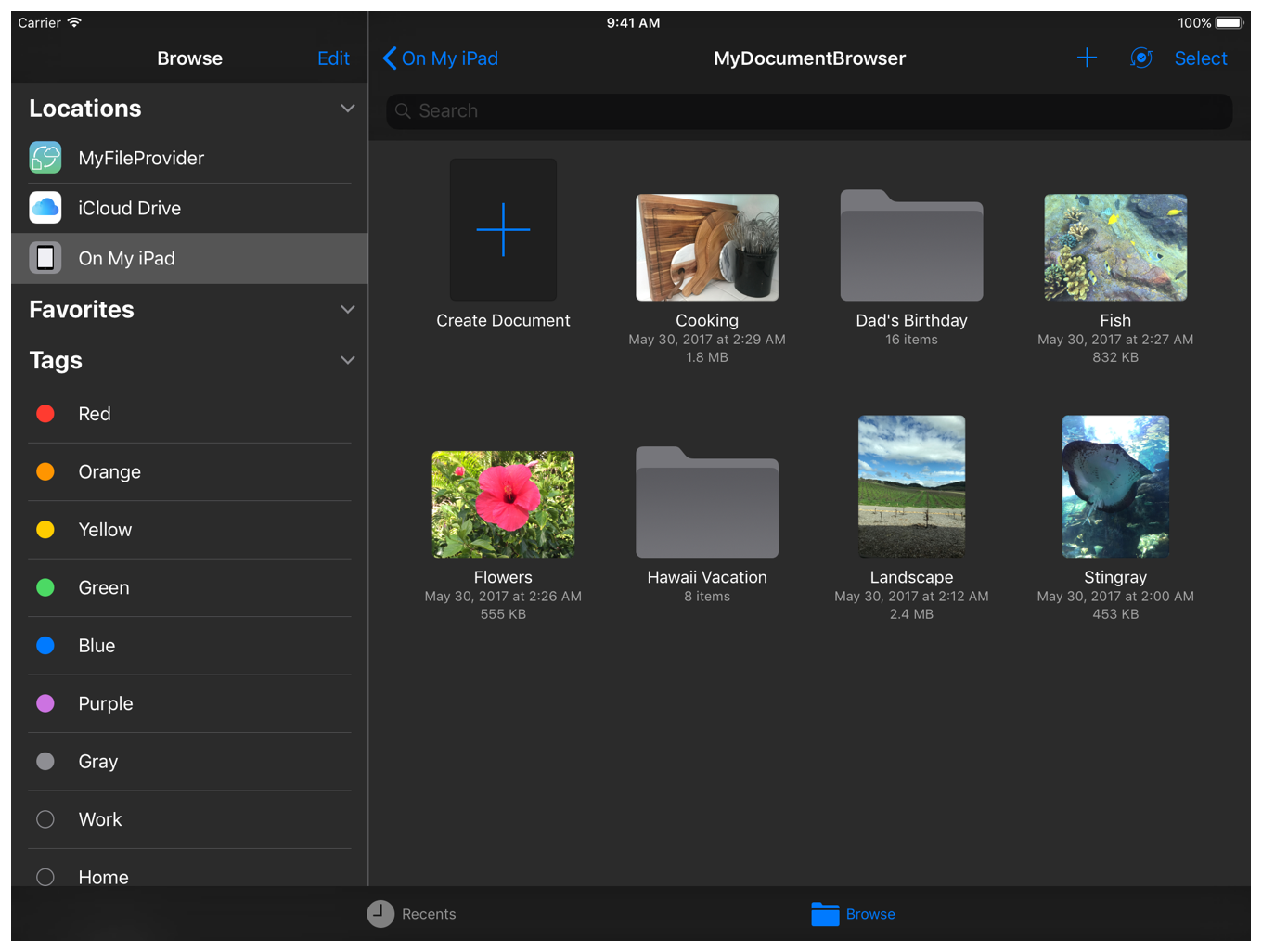 A screenshot of the document browser. The On My iPad location is in a selected state on the left, and several photos and folders appear in the pane on the right.