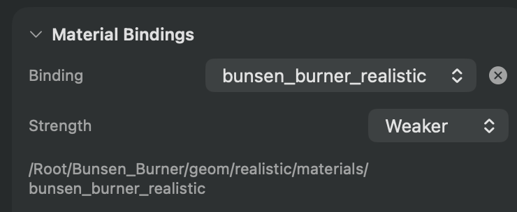 UI inspector panel showing "Material Bindings" section with two dropdown fields: Binding set to "bunsen_burner_realistic" and Strength set to "Weaker", displaying a USD material path below.