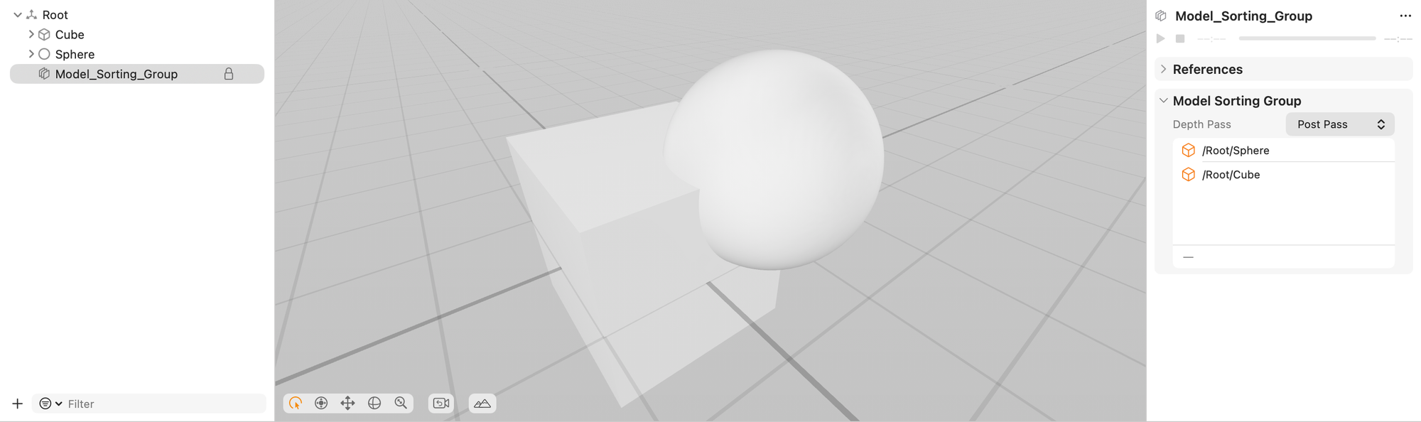 Reality Composer Pro viewport with a cube and sphere, plus a selected “Model_Sorting_Group” in the hierarchy and inspector showing model sorting references to /Root/Sphere and /Root/Cube