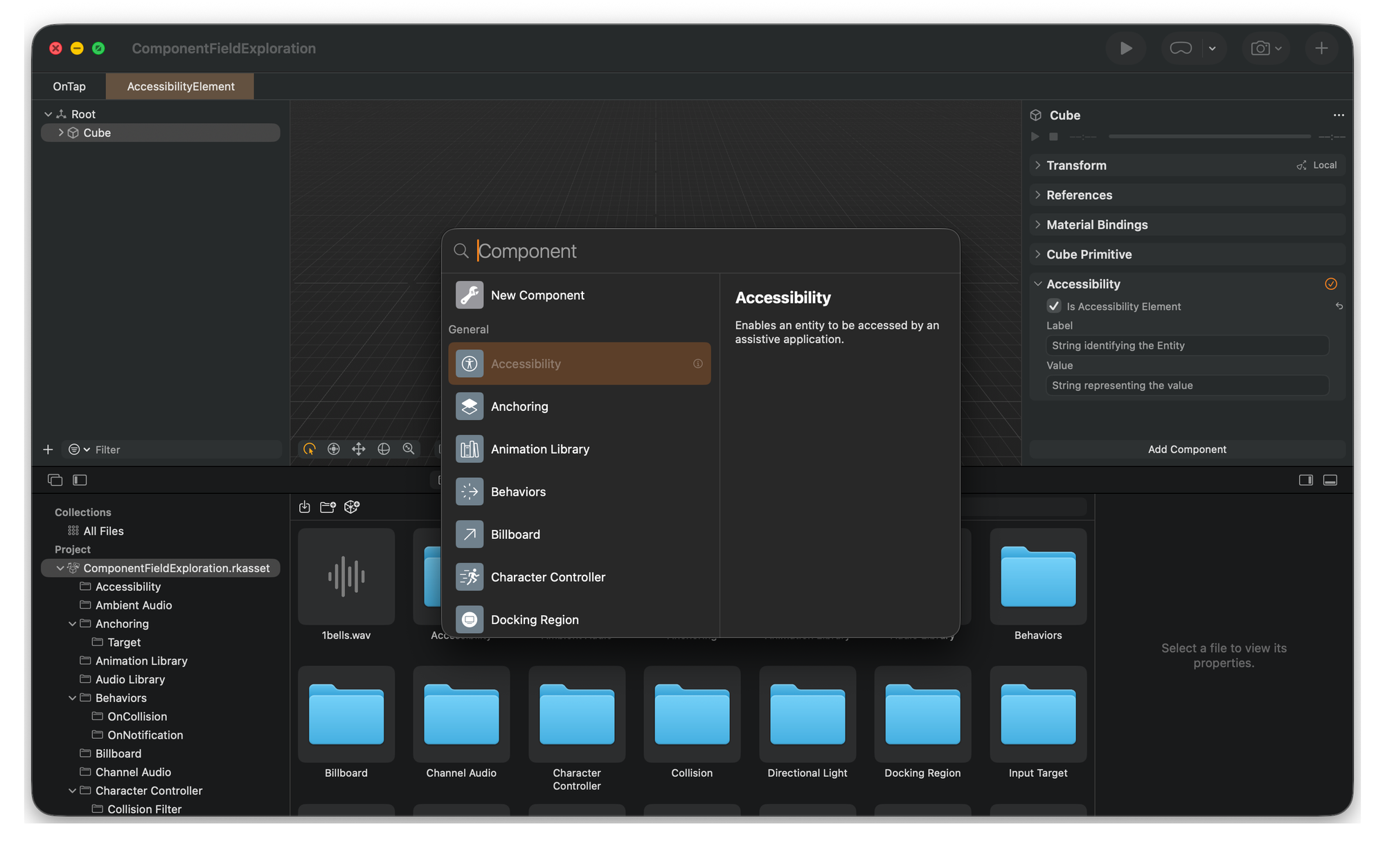Reality Composer Pro in dark mode with the Add Component panel open, showing “Accessibility” selected for a Cube entity and the inspector displaying accessibility label/value fields