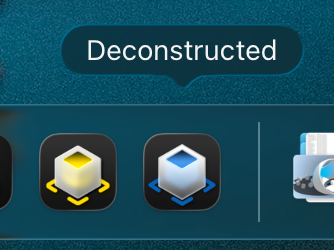 Close-up of the Deconstructed app icon set, with blue accents side by side with the yellow/orange RCP icon beneath a “Deconstructed” title badge on a textured teal background