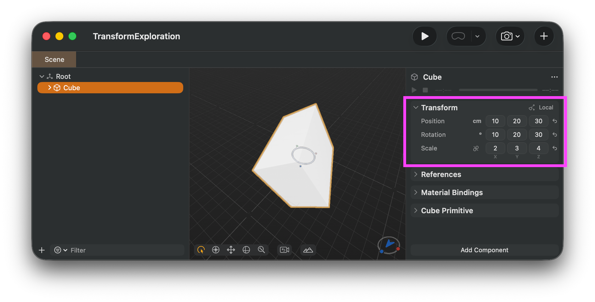 Screenshot of Reality Composer Pro on macOS showing a 3D viewport with a white cube that has been rotated and scaled. The Cube object is selected in the Scene hierarchy on the left, highlighted in orange. On the right, the inspector panel displays Transform properties with Position values of 10, 20, 30 cm, Rotation values of 10, 20, 30 degrees, and Scale values of 2, 3, 4. Additional sections for References, Material Bindings, and Cube Primitive are visible below in the inspector. The cube appears tilted in the viewport with a transform gizmo visible.