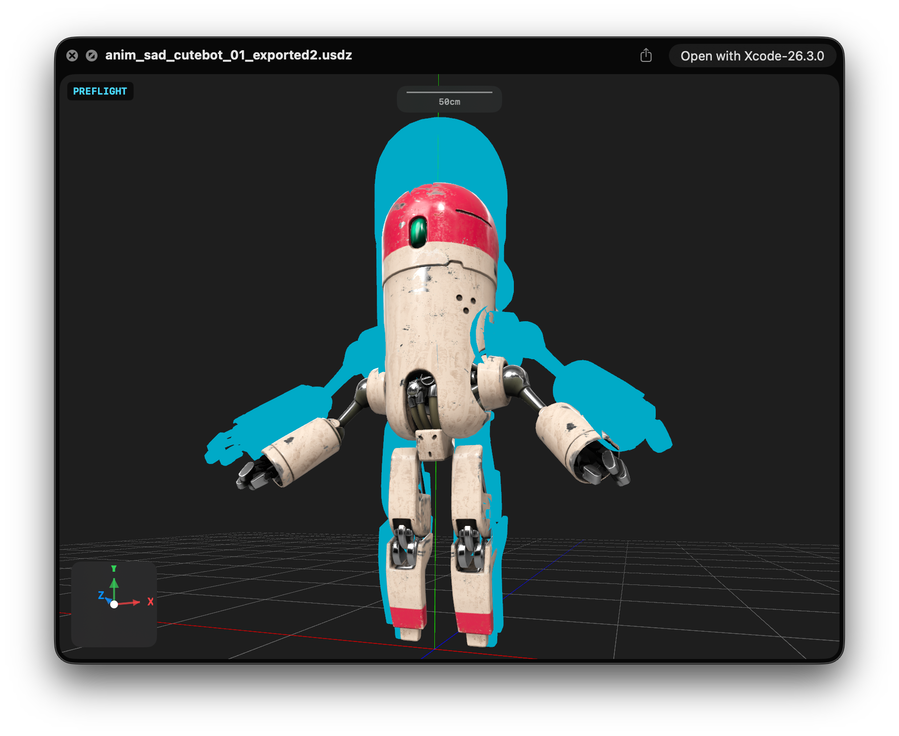 A 3D model of a weathered, retro-futuristic robot character named "anim_sad_cutebot_01," displayed in Preflight QuickLook exnteions The robot has a cream-colored cylindrical body with red accents on its head and feet, visible wear and scratches, and a single green circular eye. Its arms hang downward in a sad pose. A cyan silhouette shadow appears behind the model, and a green vertical axis marker shows "50cm" scale. The dark background features a subtle grid floor with red and blue axis lines and a coordinate gizmo in the bottom-left. The window title shows "anim_sad_cutebot_01_exported2.usdz" with an "Open with Xcode-26.3.0" option.