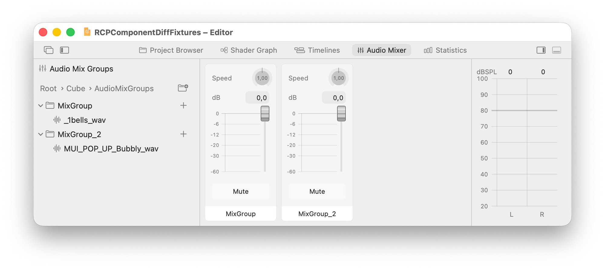 Audio Mixer editor window titled “RCPComponentDiffFixtures – Editor.” Left pane shows a tree named “Audio Mix Groups” with nested items (Root, Cube, AudioMixGroups; MixGroup; MixGroup_2; _1bells_wav; MUI_POP_UP_Bubbly_wav). Center pane displays two side-by-side audio mixer panels labeled Speed with vertical faders and dB readouts, each with a rounded Mute button and labels MixGroup and MixGroup_2. Right pane shows a vertical level/volume meter with dBSPL scale and L/R indicators. Top navigation includes Project Browser, Shader Graph, Timelines, Audio Mixer (active), and Statistics.