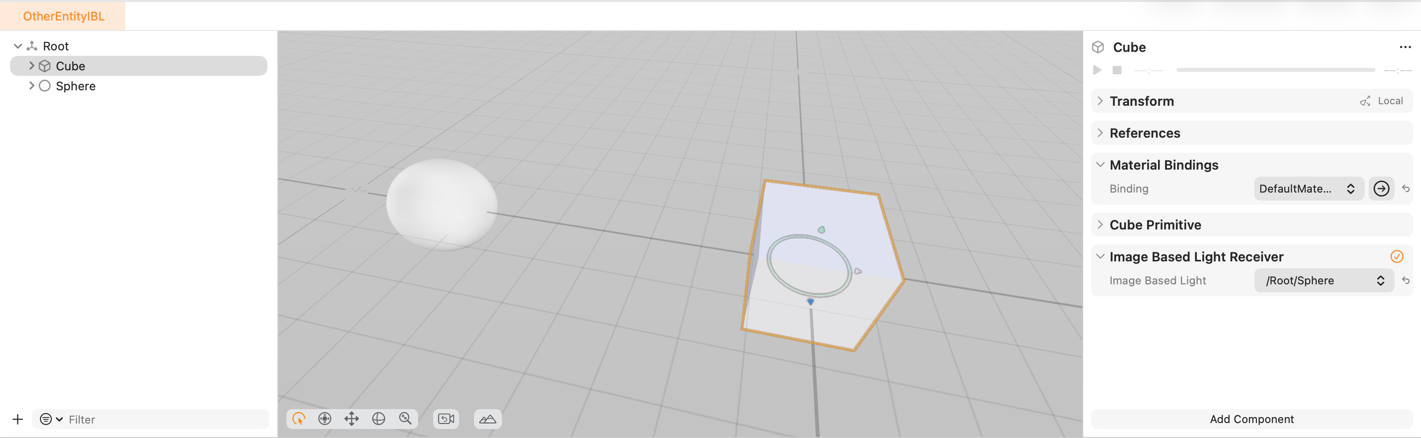 RCP window with the left hierarchy showing Root, Cube, and Sphere; center viewport displays a white sphere and an orange-edged cube on a grid; right inspector panel for Cube with sections Transform, References, Material Bindings, Cube Primitive, and Image Based Light Receiver. The light receiver path is /Root/Sphere.
