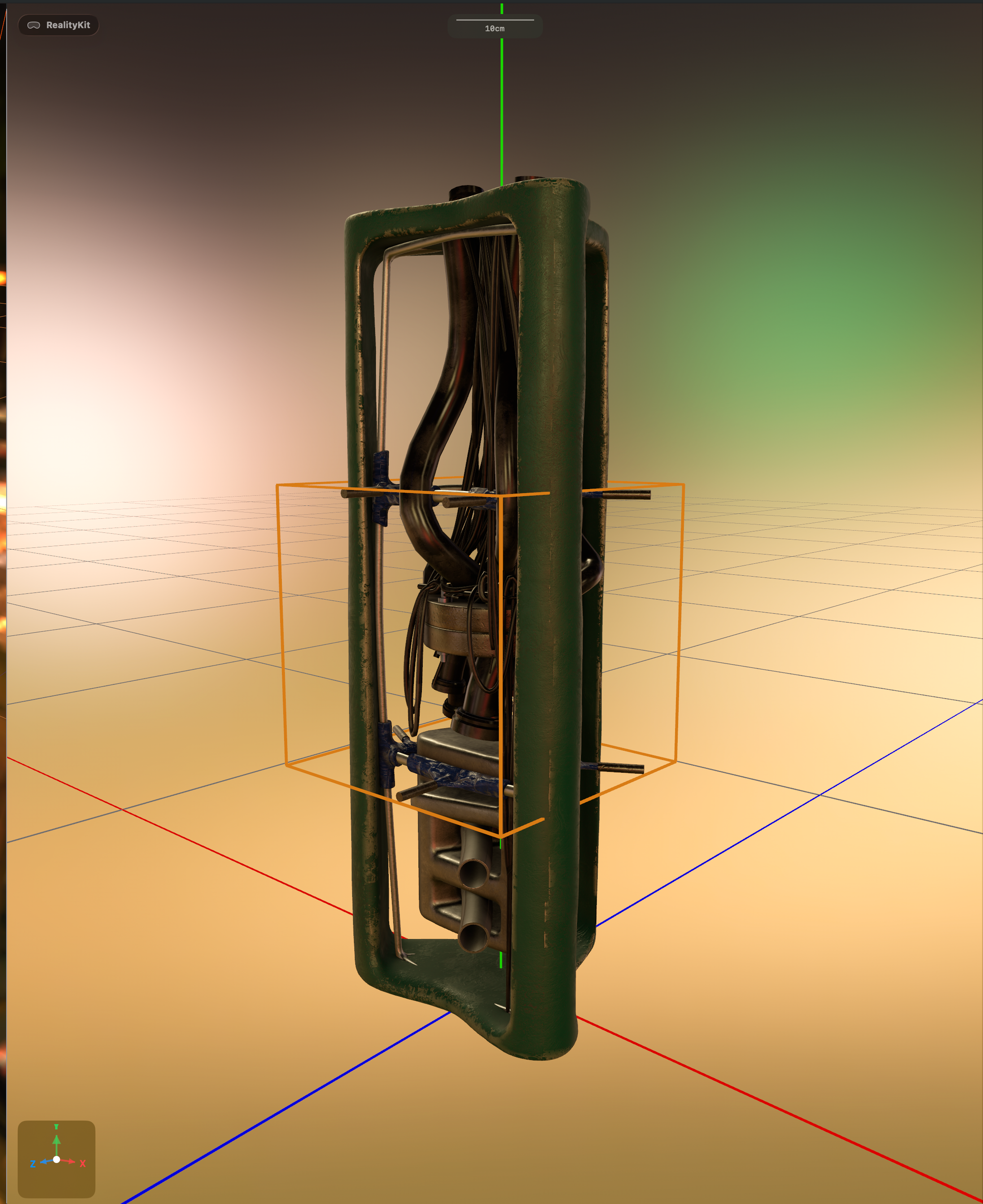A 3D model of a green industrial mechanical device, likely a submersible pump or compressor, displayed in Gantry: Scene Converter app. The device features a dark green metal frame with cylindrical components, black cables, and metallic hardware visible inside. An orange bounding box indicates the model's dimensions, with a green vertical axis marker showing "10cm" scale. The model sits on a warm-toned gradient grid floor with red and blue axis lines, and a small coordinate gizmo appears in the bottom-left corner.