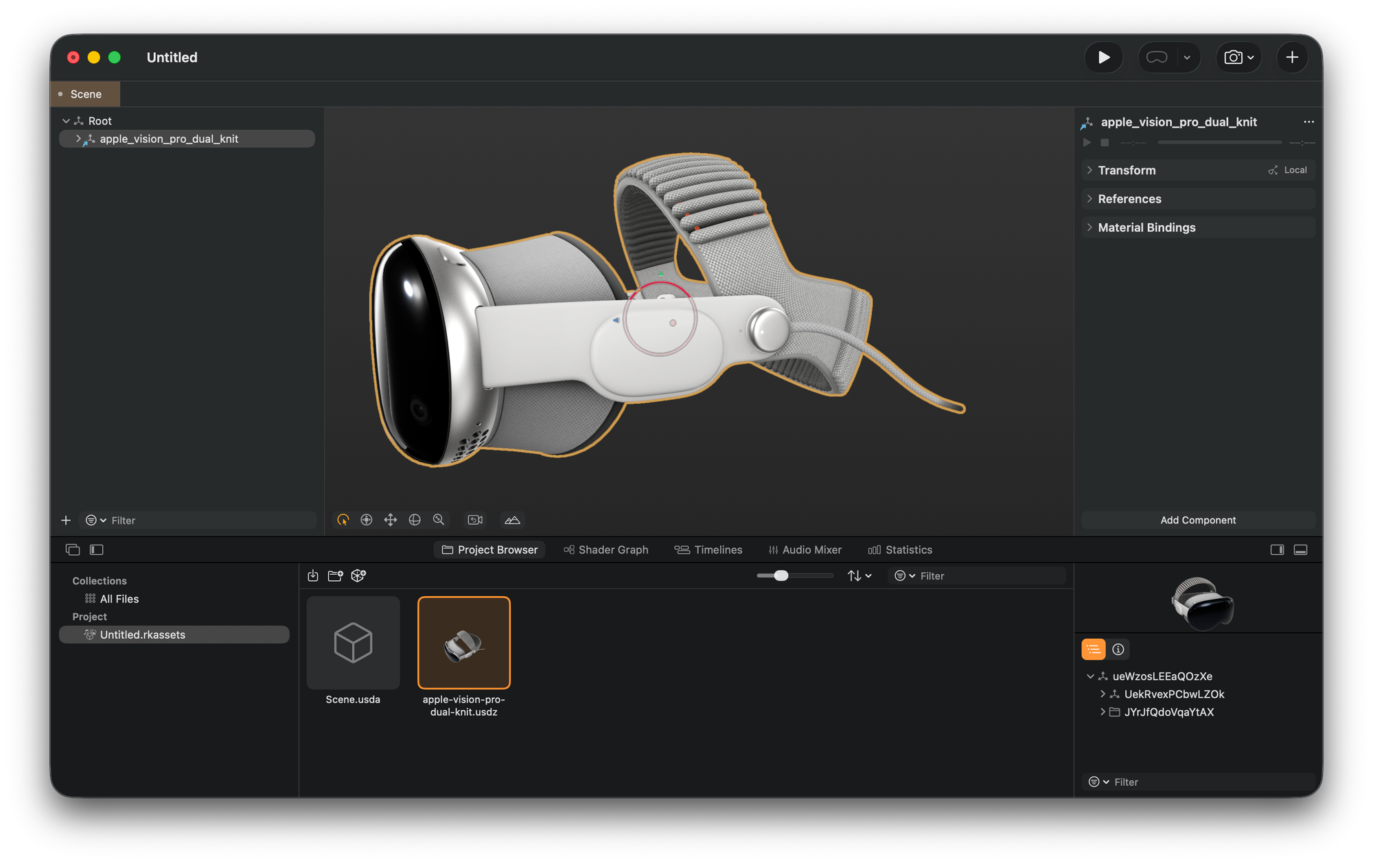 A screenshot of Apple's Reality Composer Pro editor showing a 3D model of the Apple Vision Pro headset with the dual-knit band. The headset is displayed in the central viewport with an orange selection outline, featuring the characteristic curved glass front, silver aluminum frame, grey fabric Light Seal, and grey knitted headband with adjustment dial. The left panel shows the Scene hierarchy with "apple_vision_pro_dual_knit" under Root. The bottom Project Browser displays two files: "Scene.usda" and "apple-vision-pro-dual-knit.usdz" (selected). The right inspector panel shows Transform, References, and Material Bindings properties for the selected object.