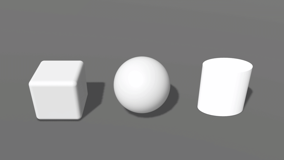 Three white shapes on a gray floor, a cube, a sphere and a cylinder, the cube and cylinder slowly turning. Selection moves from one to the next: first the cube gets a yellow outline that follows its edges as it turns, then the sphere is tinted orange by the highlight, then the cylinder's own material fades from white to magenta through the shader effect. At the end all three are selected at once, then deselected, and the loop starts again.
