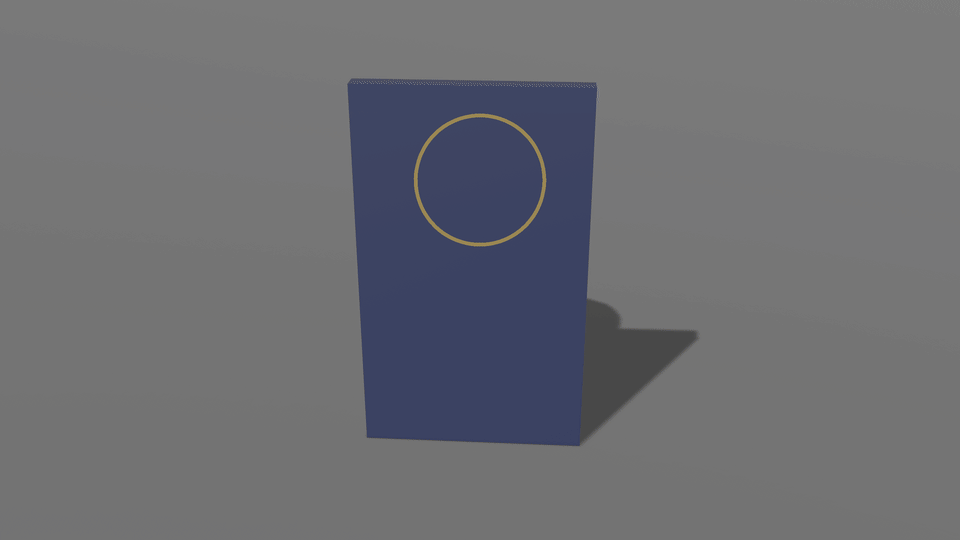 A navy wall stands on a gray floor. A white sphere and, below it, a white cube, both outlined in yellow, slide left and right behind the wall and out again. While the sphere is behind the wall, its outline still shows through as a dimmer yellow ring; the cube’s outline disappears completely.