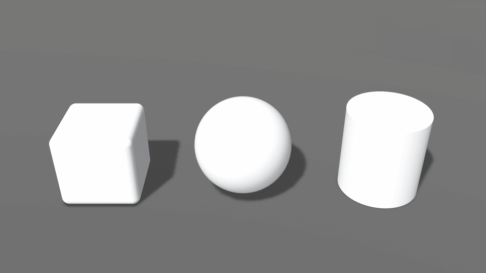Three white shapes on a gray floor: a cube, a sphere and a cylinder, each with its own Shader Graph material. Selection moves from one to the next and each one fades in its own look: yellow bands scroll up the turning cube, the sphere turns cyan and pulses, the cylinder blends to magenta. At the end all three are selected at once, then fade back to white.