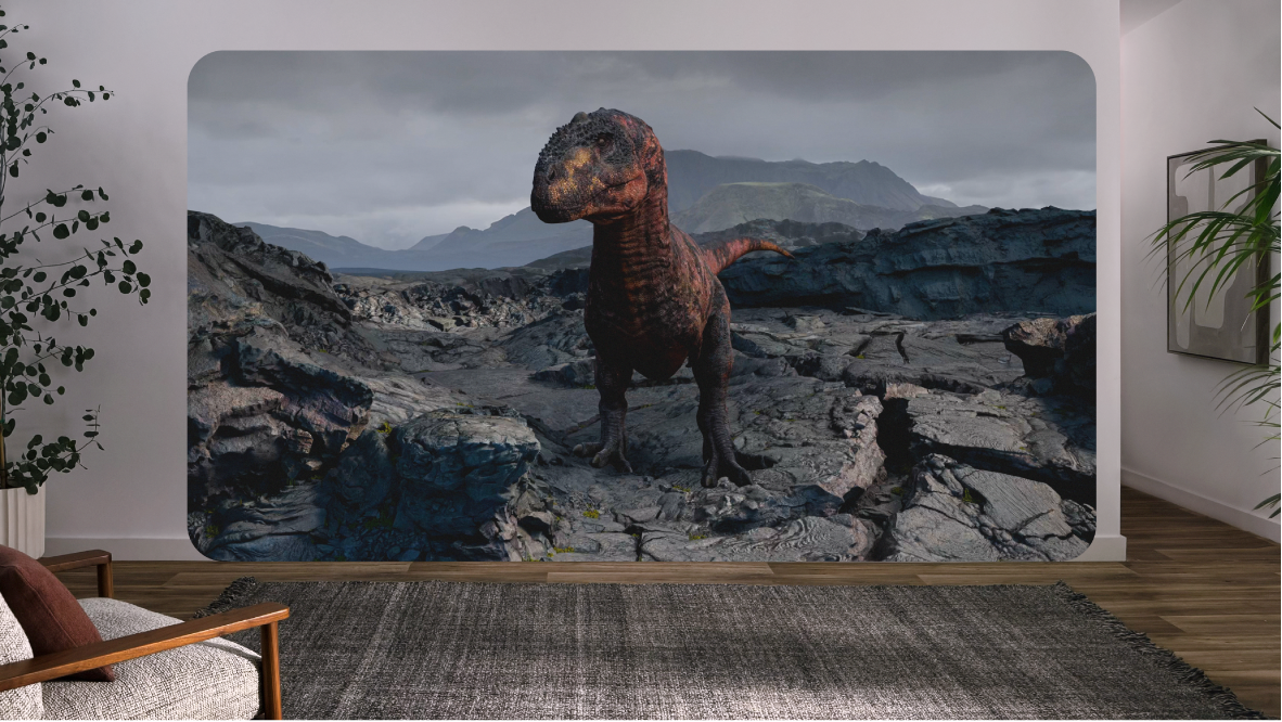 Encounter Dinosaurs on Apple Vision Pro, showing a dinosaur on a rocky landscape
