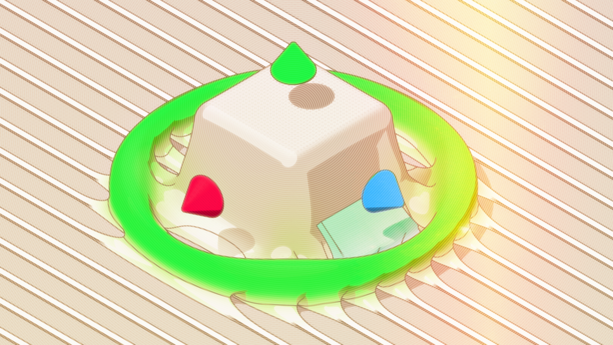 Stylized illustration of a melting cube with axis indicators and a ring around it. It mimics a 3D viewfinder