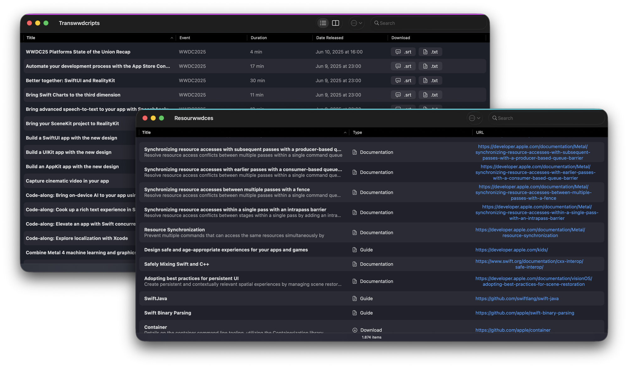 Screenshots from both apps running in Tahoe show the initial list of contents.