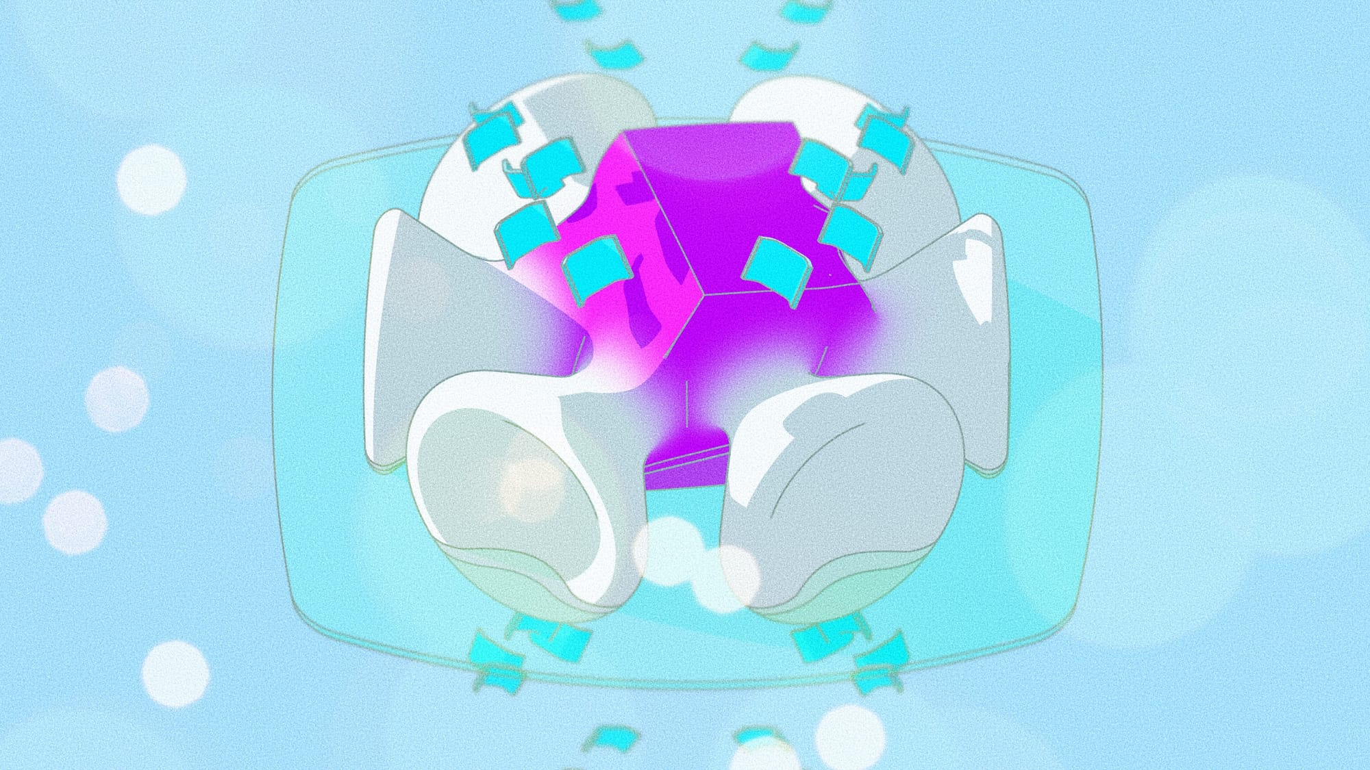 Illustration of abstract figures (white cones) concentrating and melting with a central cube (purple)