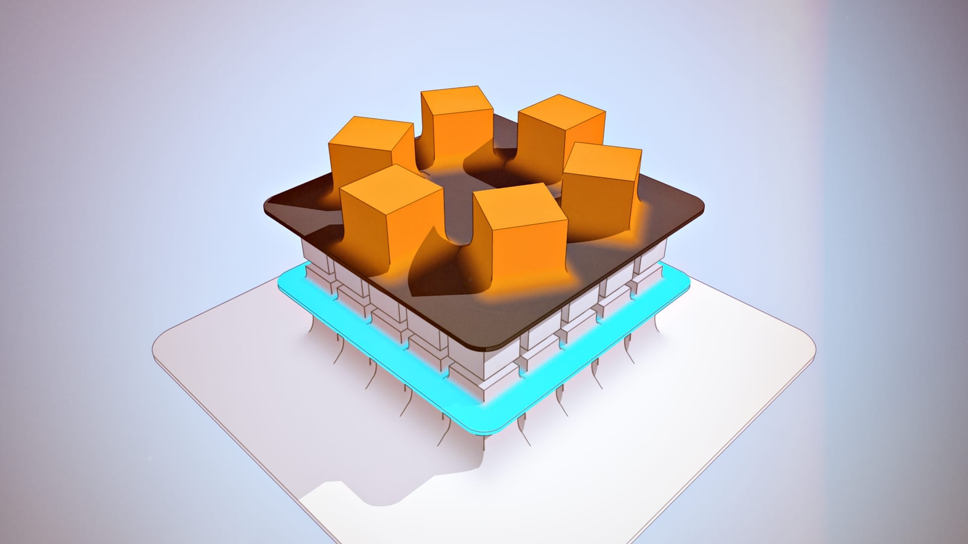 Illustration with 3D perspective of a phase-layered stack of cubes ending in a dark plate with fewer elements and distribution. Tool abstraction metaphor from this article.