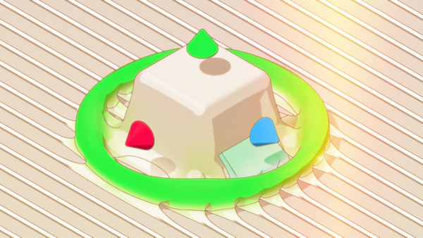 Stylized illustration of a melting cube with axis indicators and a ring around it. It mimics a 3D viewfinder
