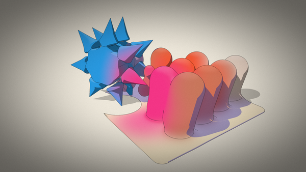 An illustration of the spiky wheel scene: a blue ball covered in cone spikes turns pink where it presses into rows of upright pink, orange and white capsules standing on a cream base