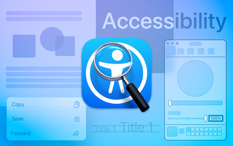 Cover from Apple Accessibility Inspector doc. Accessibility symbol on an icon with a magnifier and many GUI elements collage