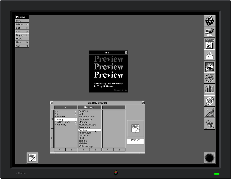 Screenshot of NeXSTEP 1.0 simulated in the browser, displaying Preview.app version 1.