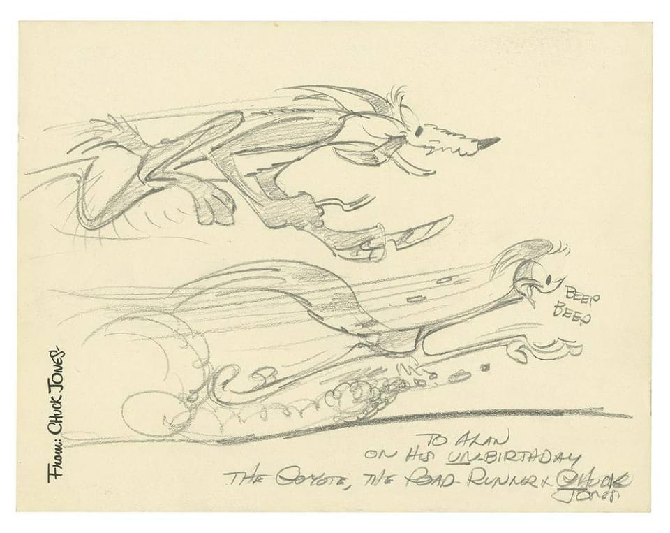Original pencil drawing of The Coyote and the Roadrunner by Chuck Jones
