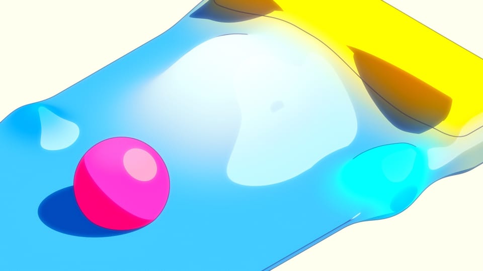 Abstract illustration of a beach ball drifting close to the shore