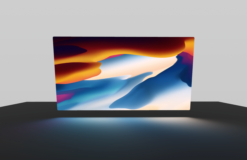 Diffuse reflection: A video screen with a soft glow reflects colors and light gently onto the ground plane