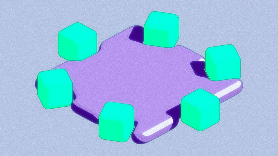 An abstract illustration of six rounded green 3D cubes surrounding a purple inflated plain